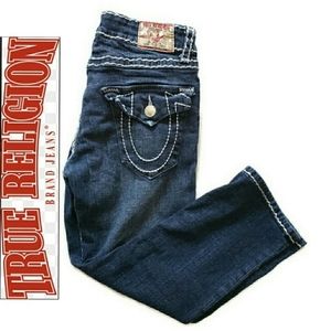 TRUE RELIGION womens size 29 Bobby cropped jeans with white run stitch detail.